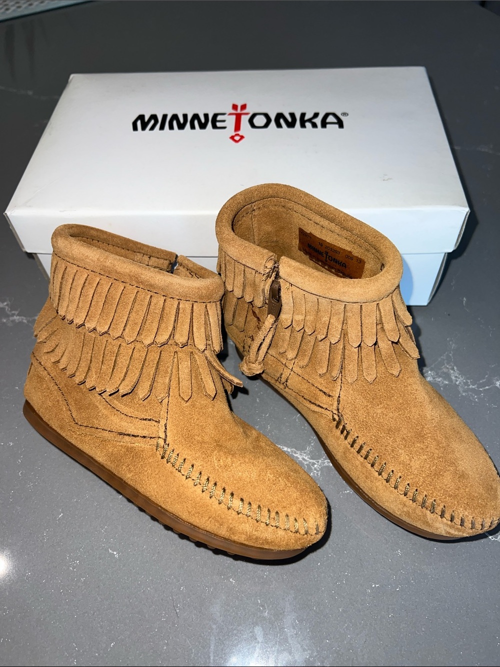 Authentic New in Box, Minnetonka Double Fringe Side Zip Boot Toddler/Youth TAUPE